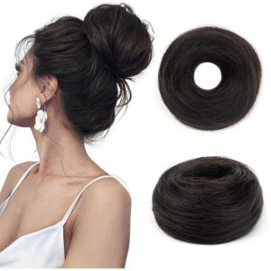 100% Human Hair Messy Donut Bun Scrunchie – Natural Black Brown for ladies