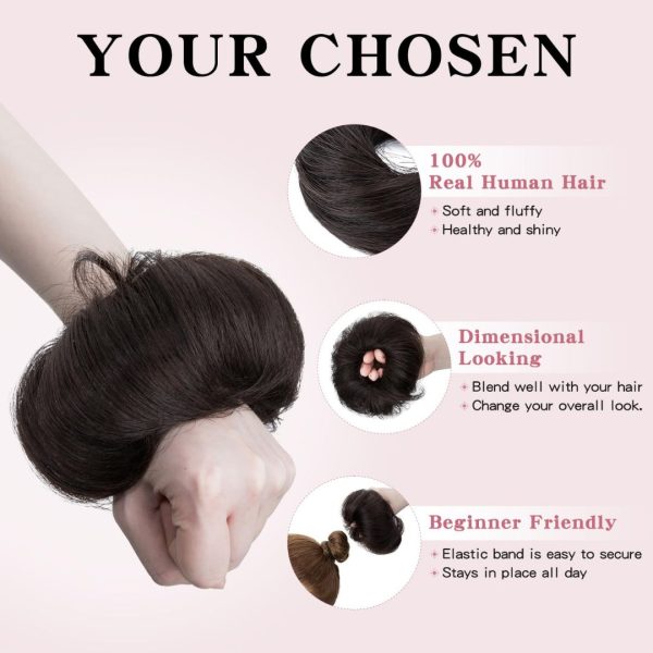 100% Human Hair Messy Donut Bun Scrunchie – Natural Black Brown for ladies