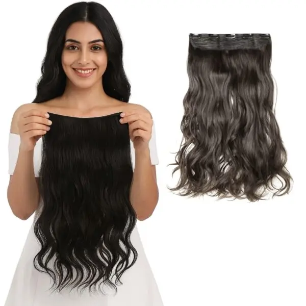 Clip-On Human Hair Extension for Women, Natural Brown Black, Wavy
