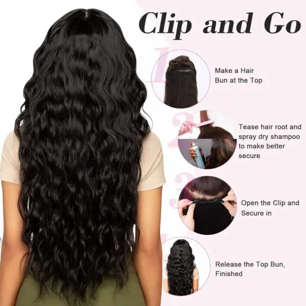 Clip-On Human Hair Extension for Women | Natural Brown Black, Wavy, 14–30 Inch | 5 Clips, 100g Volumizer - Image 2