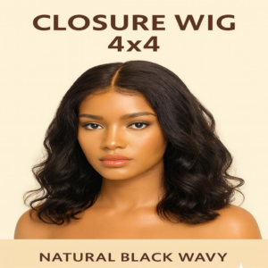 4x4 closure wig 100% Remy human hair natural wavy black