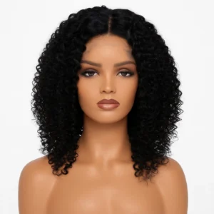 curly closure 4x4 wig human hair front view natural black brown tight curly african women model