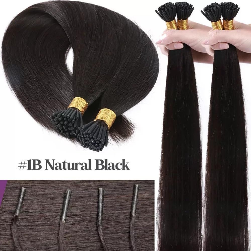 Keratin i-tip strands human hair extensions bundle italian glue 100 grams natural black brown strands for women